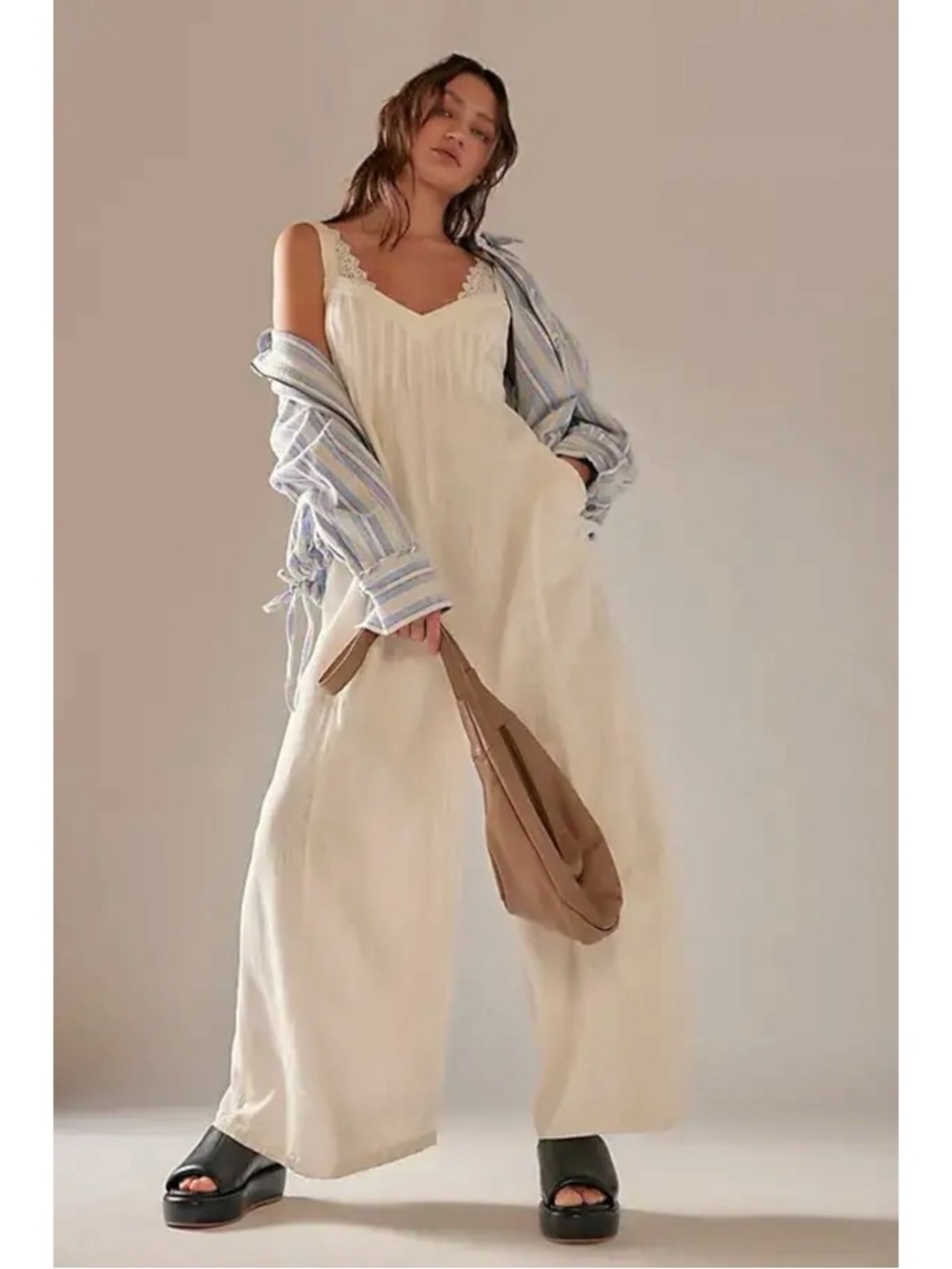 Free People Ethereal Drifting Dreams One Piece Jumpsuit White XL Wide Leg - Picture 3 of 12